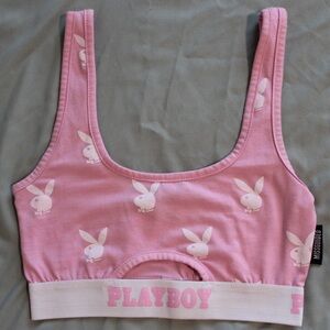 Playboy x Missguided Pink Bunny Print Crop Top / Low Impact Sports Bra Size 0